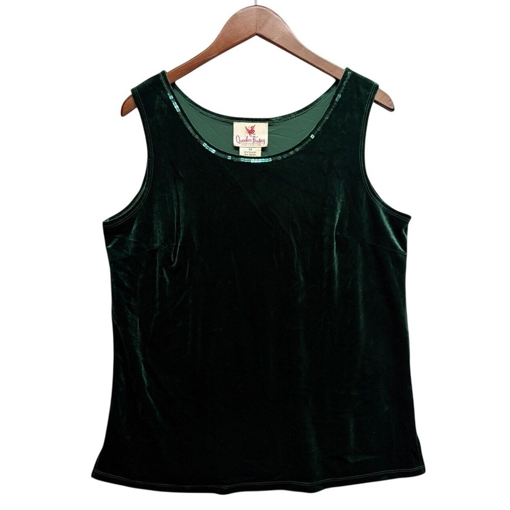 Quacker Factory Green Velvet Sequin Trim Tank Top Sleeveless Holiday Medium NWT